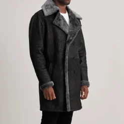 Charles Distressed Black Leather Shearling Double-Breasted Coat