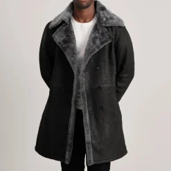 Charles Distressed Black Leather Shearling Double-Breasted Coat