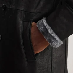 Charles Distressed Black Leather Shearling Double-Breasted Coat