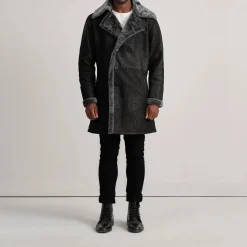 Charles Distressed Black Leather Shearling Double-Breasted Coat
