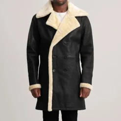 Charles Tumbled Black Leather Shearling Double-Breasted Coat