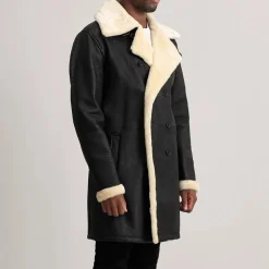 Charles Tumbled Black Leather Shearling Double-Breasted Coat