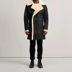 Charles Tumbled Black Leather Shearling Double-Breasted Coat