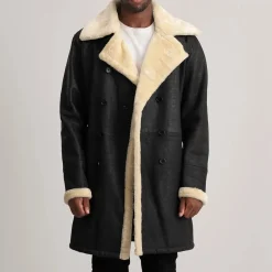 Charles Tumbled Black Leather Shearling Double-Breasted Coat