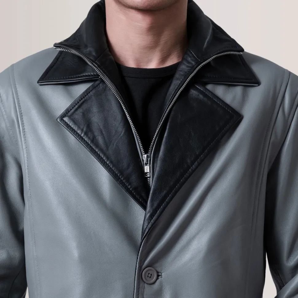 Charlton Grey Leather Single Breasted Coat