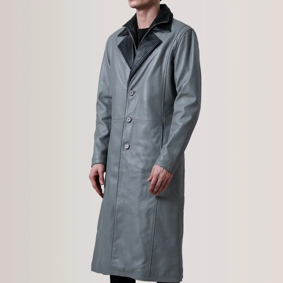 Charlton Grey Leather Single Breasted Coat