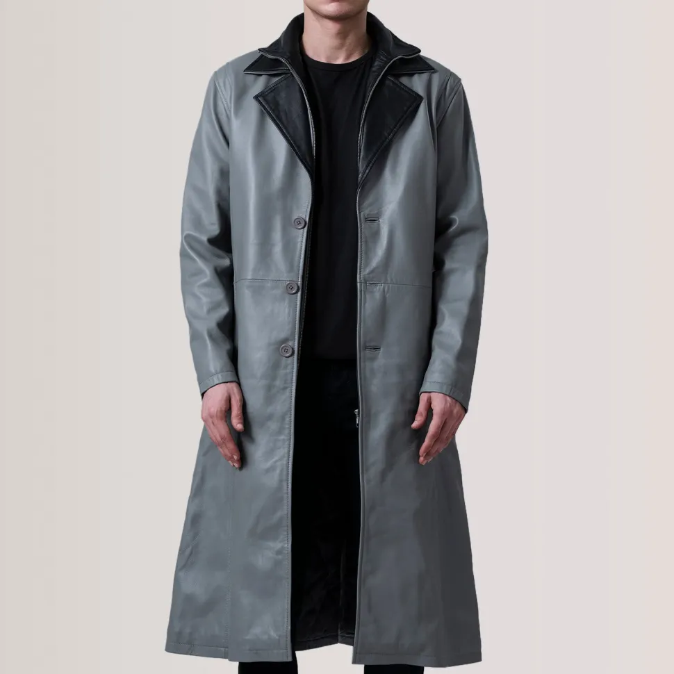 Charlton Grey Leather Single Breasted Coat