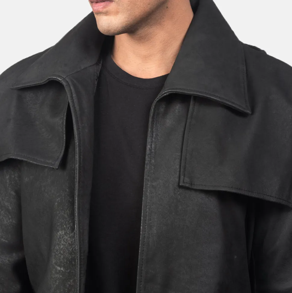 Classic Distressed Black Leather Duster