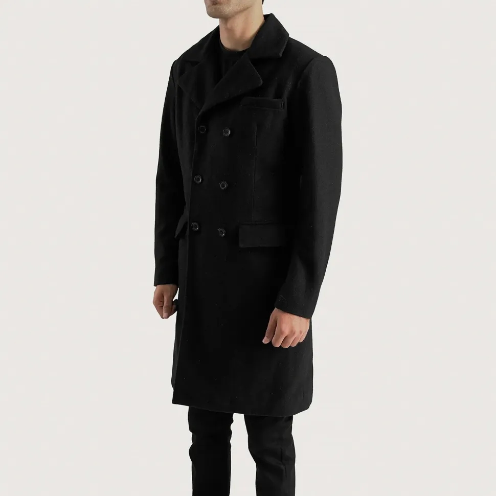 Claud Black Wool Double Breasted Coat