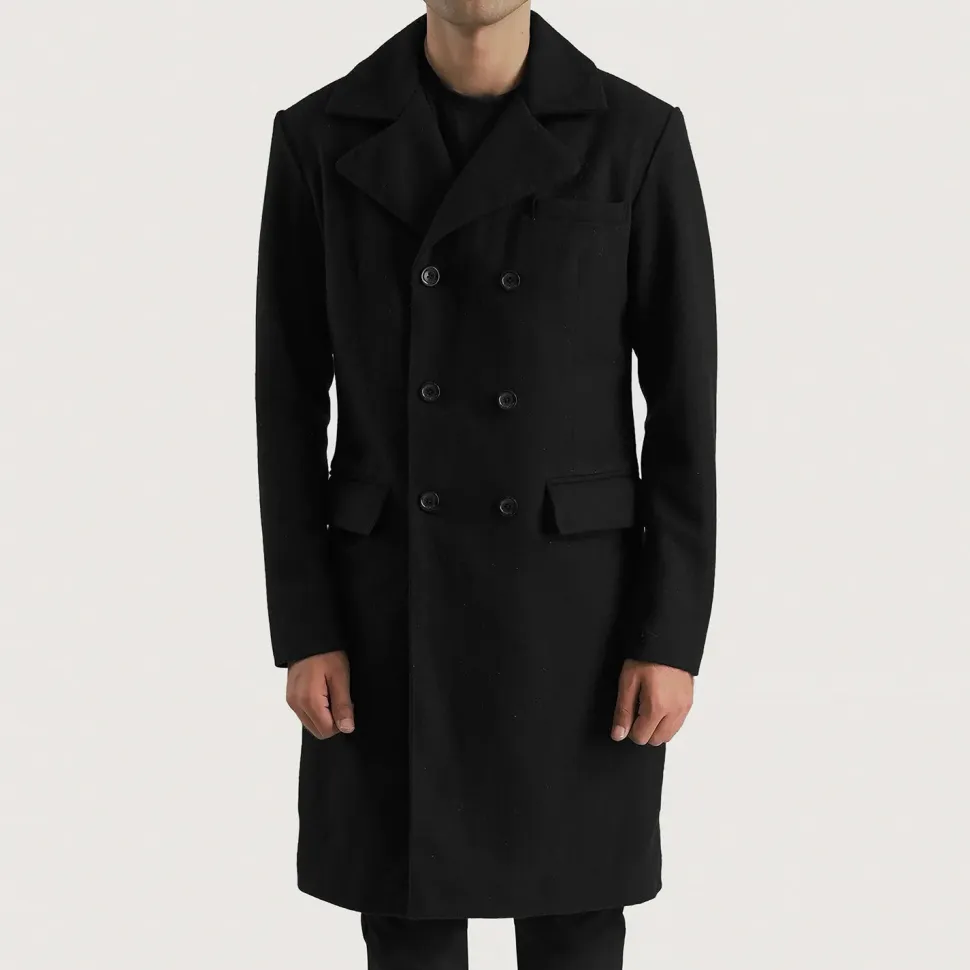 Claud Black Wool Double Breasted Coat