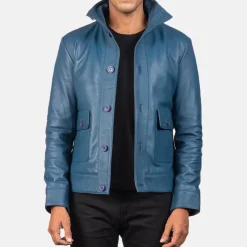 Columbus Blue Leather Bomber Jacket