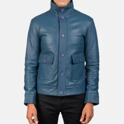 Columbus Blue Leather Bomber Jacket