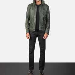 Columbus Green Leather Bomber Jacket