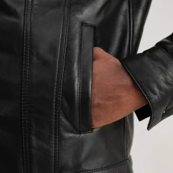 Dallis Black Leather Shearling Trucker Jacket