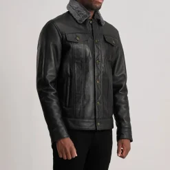 Dallis Black Leather Shearling Trucker Jacket