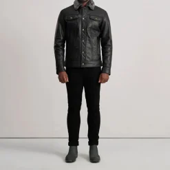 Dallis Black Leather Shearling Trucker Jacket