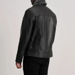 Dallis Black Leather Shearling Trucker Jacket