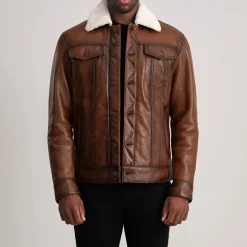 Dallis Brown Leather Shearling Trucker Jacket
