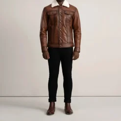Dallis Brown Leather Shearling Trucker Jacket