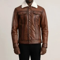 Dallis Brown Leather Shearling Trucker Jacket