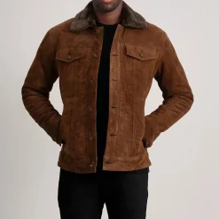Dallis Brown Suede Shearling Trucker Jacket