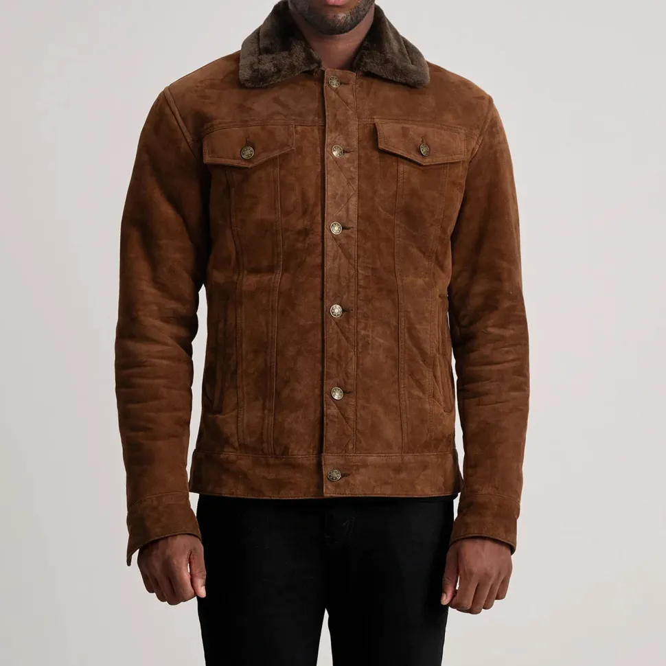 Dallis Brown Suede Shearling Trucker Jacket