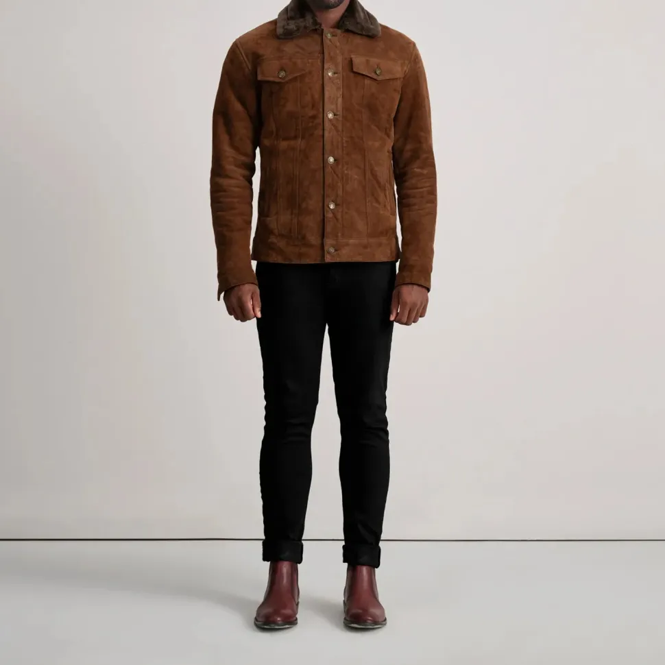 Dallis Brown Suede Shearling Trucker Jacket