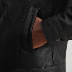 Dallis Distressed Black Leather Shearling Trucker Jacket