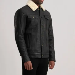 Dallis Distressed Black Leather Shearling Trucker Jacket