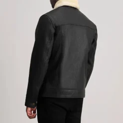 Dallis Distressed Black Leather Shearling Trucker Jacket