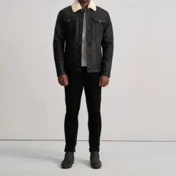 Dallis Distressed Black Leather Shearling Trucker Jacket