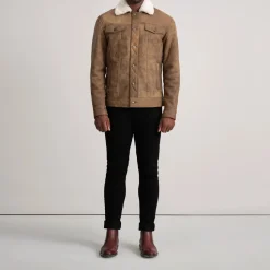 Dallis Distressed Brown Leather Shearling Trucker Jacket