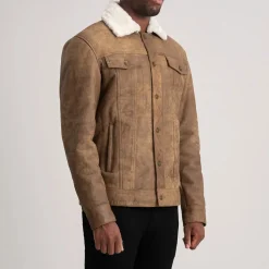 Dallis Distressed Brown Leather Shearling Trucker Jacket