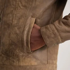 Dallis Distressed Brown Leather Shearling Trucker Jacket