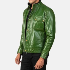 Darren Distressed Green Leather Biker Jacket