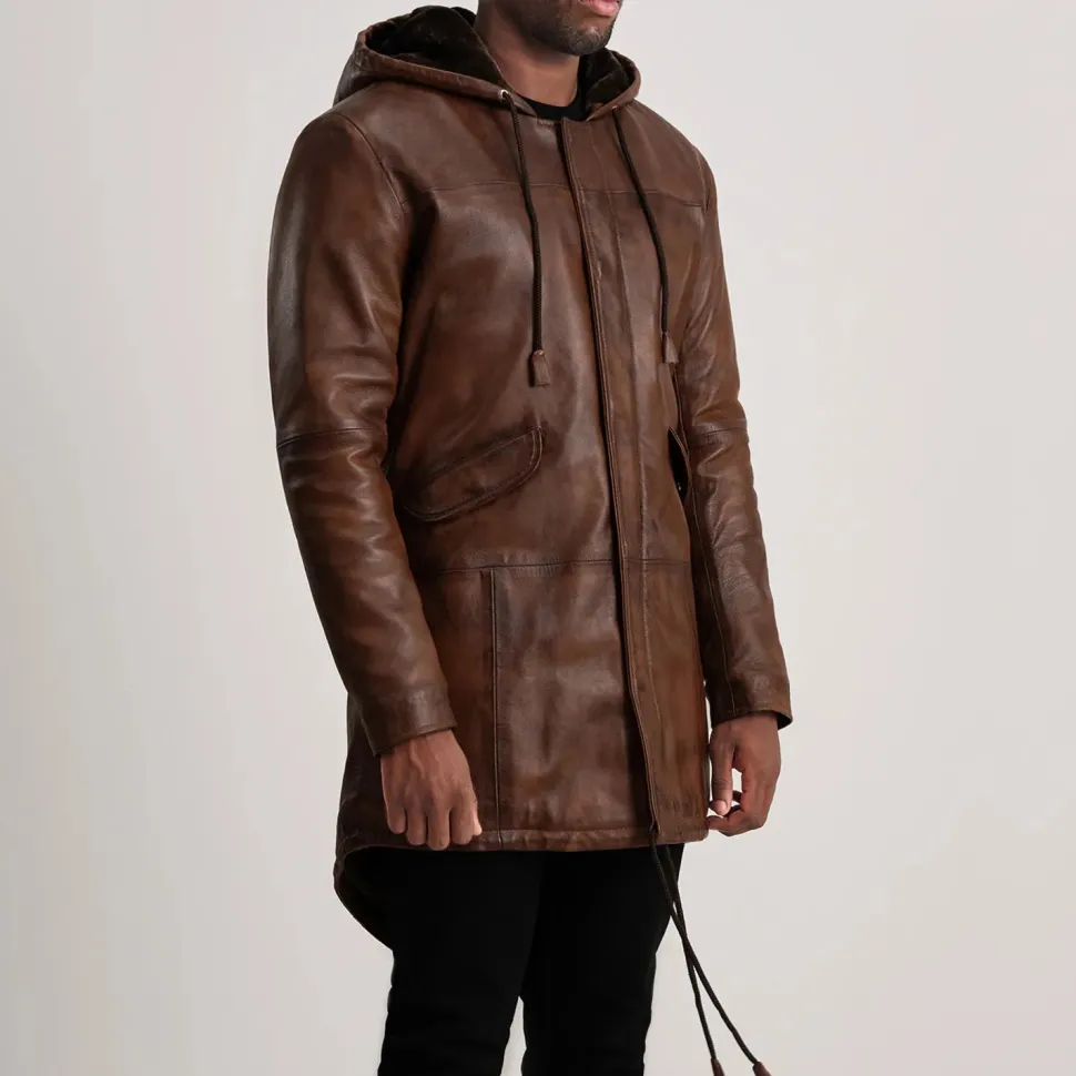 Delvin Distressed Brown Leather Parka