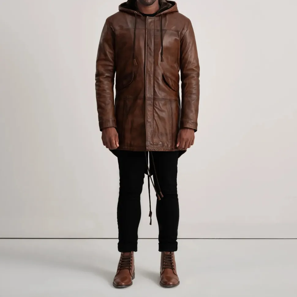 Delvin Distressed Brown Leather Parka