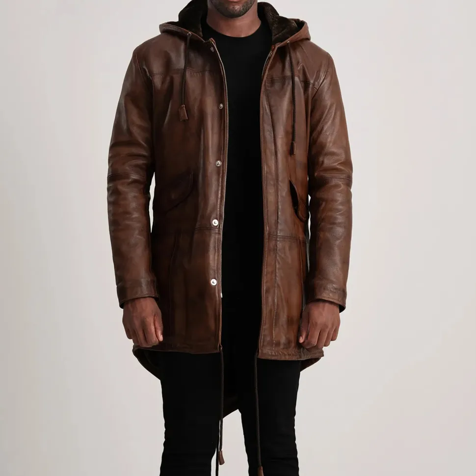 Delvin Distressed Brown Leather Parka