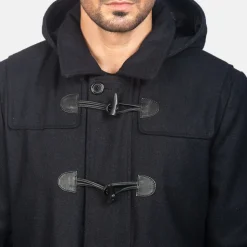 Drake Black Wool Hooded Duffle Coat