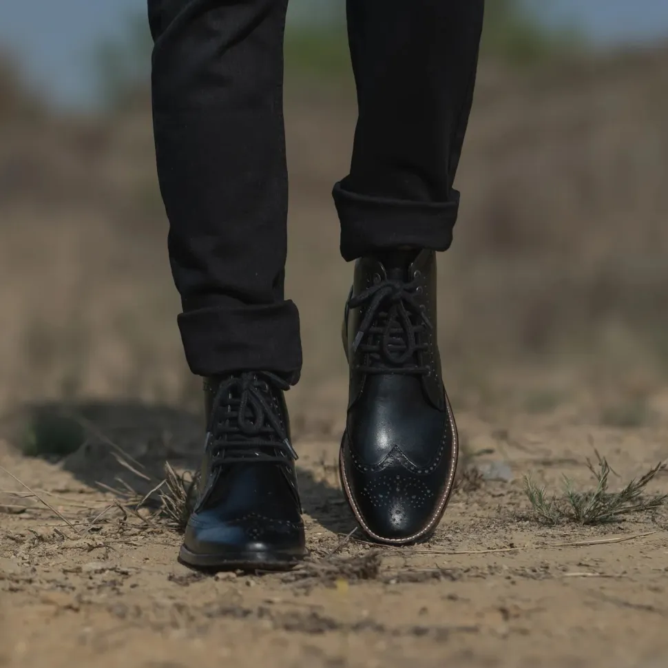 Duster Brogues Derby Black Leather Boots