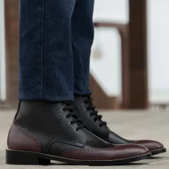 Duster Brogues Derby Maroon Black Leather Boots - StudGuard