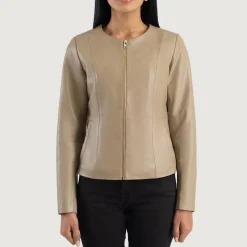 Elixir Beige Collarless Leather Jacket