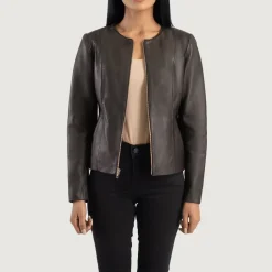Elixir Brown Collarless Leather Jacket