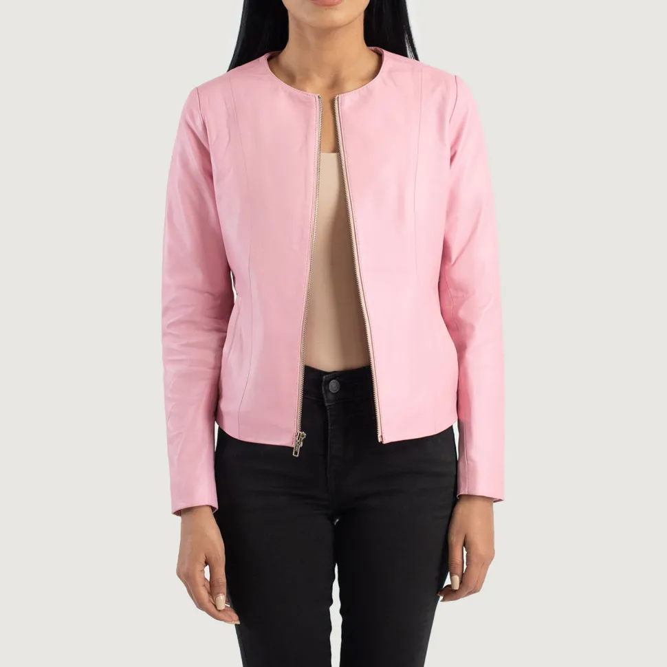 Elixir Pink Collarless Leather Jacket