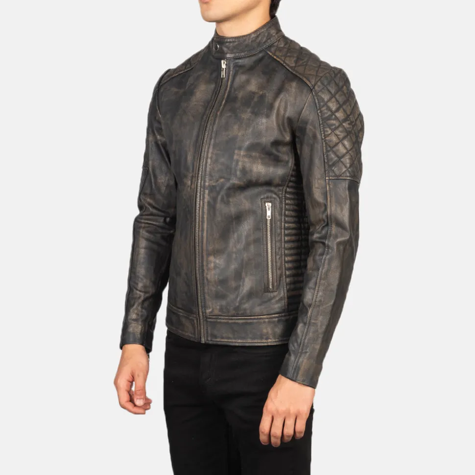 Fernando Quilted Distressed Brown Leather Biker Jacket