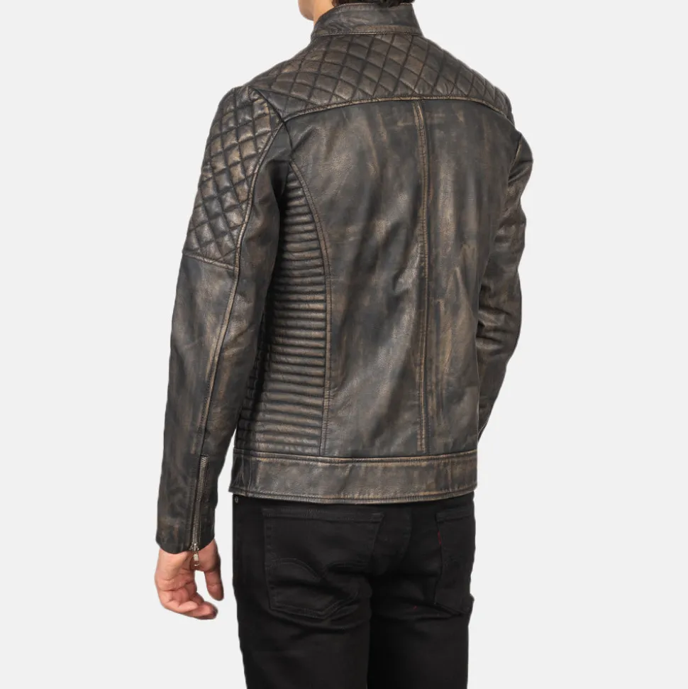 Fernando Quilted Distressed Brown Leather Biker Jacket