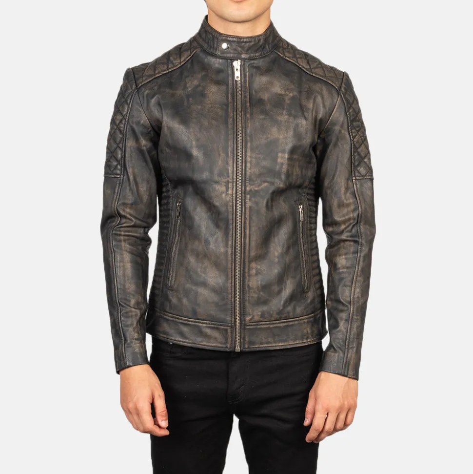 Fernando Quilted Distressed Brown Leather Biker Jacket