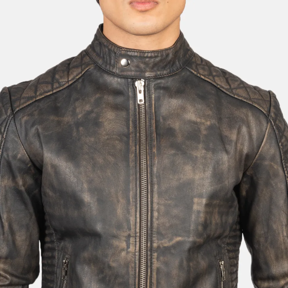 Fernando Quilted Distressed Brown Leather Biker Jacket