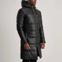 Floyd Black Hooded Leather Puffer Coat
