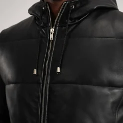 Floyd Black Hooded Leather Puffer Coat